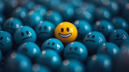 Blue Balls with Sad Faces Surrounding a Bright Yellow Ball with a Big Smile: A Vibrant Illustration of Joy and Happiness Amidst Sadness, Perfect for Themes of Positivity, Emotions, and Mental Health.
