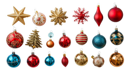 Collection of Christmas ornaments in various shapes and colors isolated on transparent background, PNG file