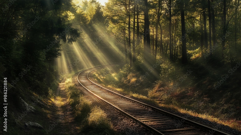 Leinwandbilder a panoramic view of railway tracks winding through a dense forest, with sunlight filtering through t