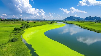 Naklejka premium Serene Landscape with Green Water and Blue Sky