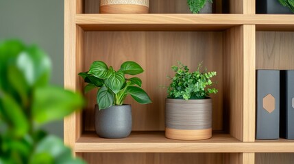 A modern bookshelf displays various potted plants, showcasing vibrant greenery against a sleek wooden background.