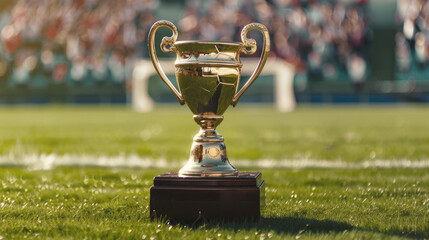 Golden trophy on grass field, sunlight, professional sports competition, sports achievement concept
