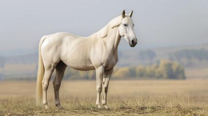 Elegant white horse standing in open field, serene landscape, side view of majestic equine, countryside background, tranquility concept