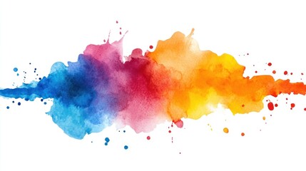 Abstract watercolor splash in blue, red, orange, and yellow colors on white background.