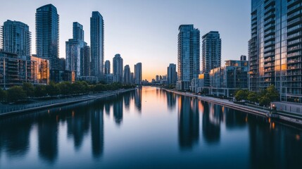 Fototapeta premium A panoramic view of sleek high-rise buildings lining a river, with reflections on the water and a clear sky, capturing the modern cityscape and tranquil waterway.