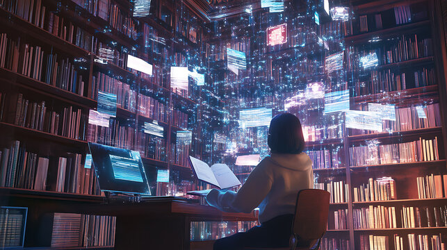 A 3D render of a student studying in a high-tech library, surrounded by holographic books and data streams floating in the air, with an AI tutor assisting them 