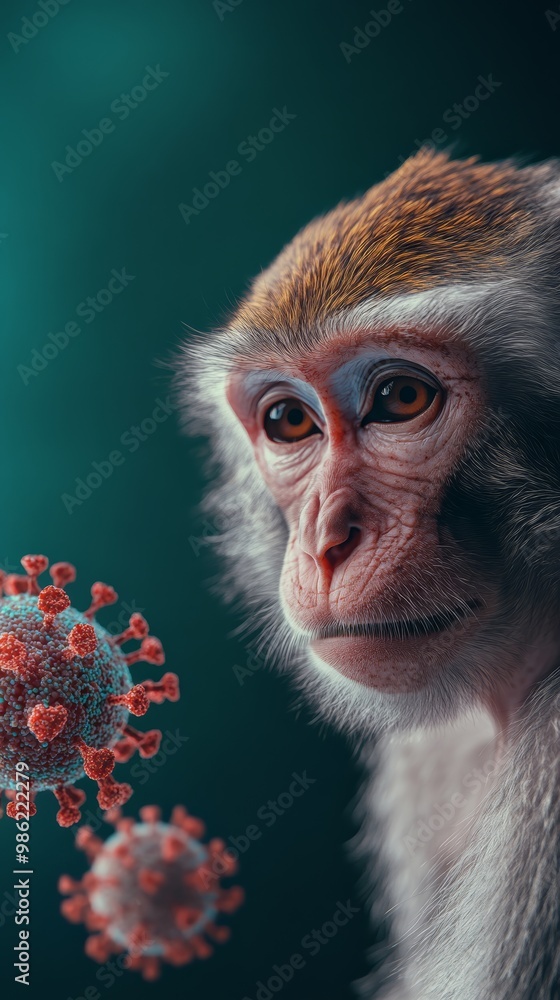 Poster Monkey with a detailed view of a floating virus particle of monkeypox, representing viral transmission and pandemic risk