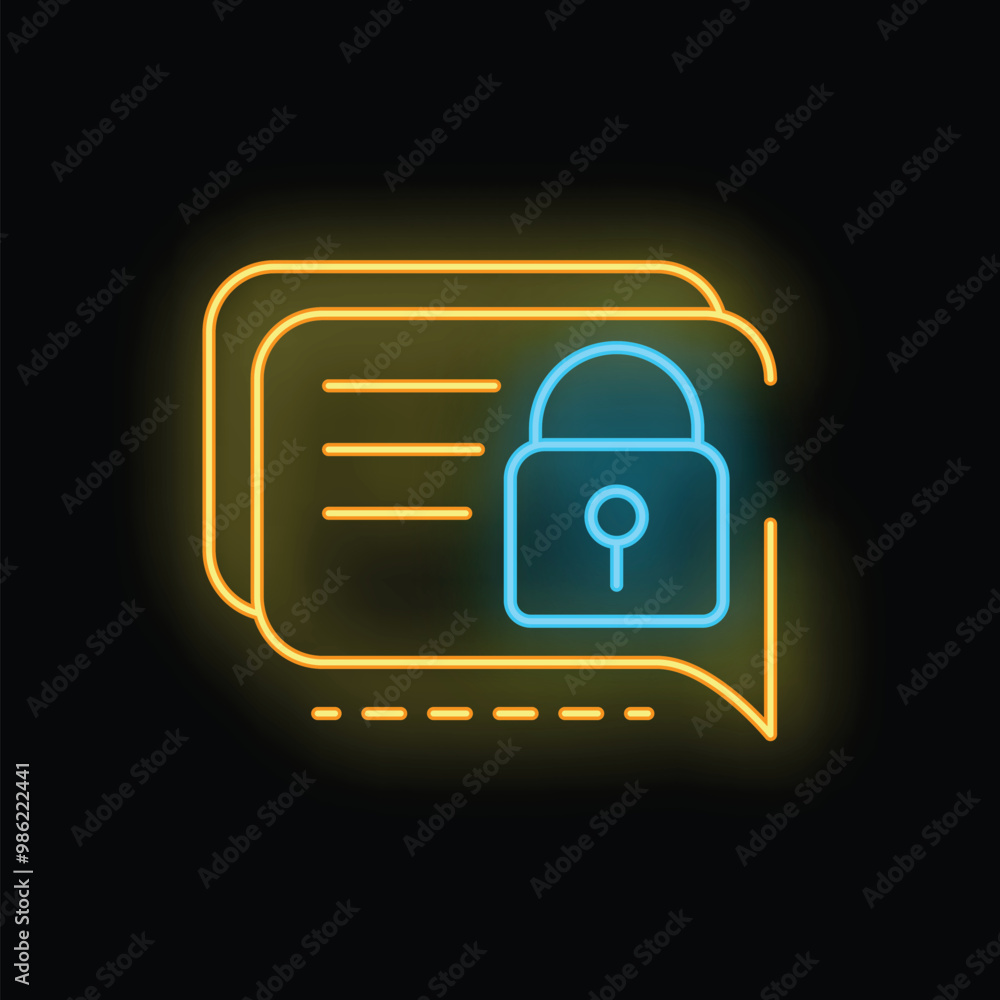 Poster glowing neon sign depicting a chat bubble with a closed padlock, symbolizing secure and encrypted co