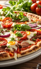 Pizza, with several layers of minced steak, melted cheese, onions, tomatoes, and salad presented with fried potatoes. capture spectacular ketchup splashes.