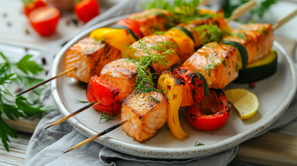 Grilled salmon skewers with vegetables on a plate, healthy meal, fresh herbs, delicious summer barbecue, fish kebabs, nutritious concept