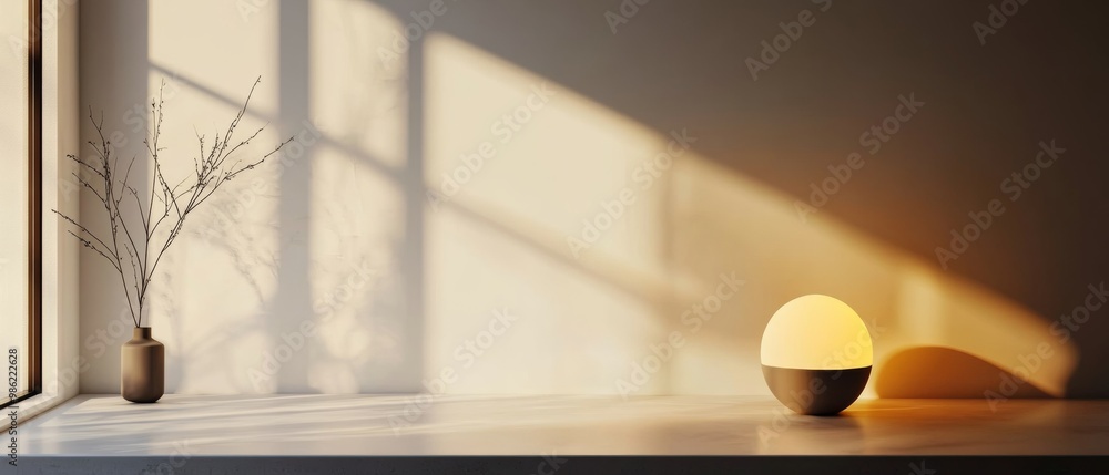 Poster a vase with a branch in it sits on a table next to a lamp