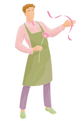 florist male character, man in apron with ribbon and gerbera flower