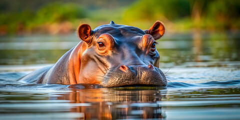 Hippopotamus gracefully swimming in calm water, hippopotamus, water, aquatic, wildlife, mammal, African, nature, animal