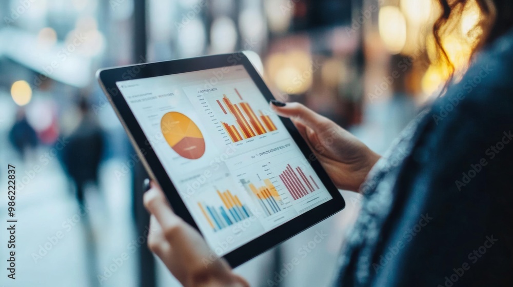 Aufkleber a person holding a tablet and reviewing a presentation with different opinions and graphs, illustrat