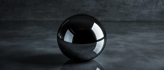 A shiny black ball sits on a grey surface