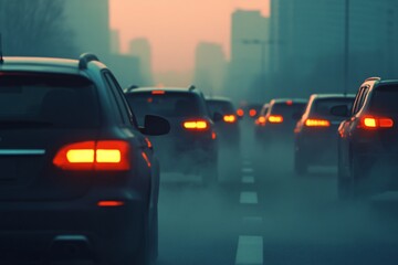 Car emitting exhaust in a traffic jam under a smog-filled sky, symbolizing the environmental impact of urban transportation.