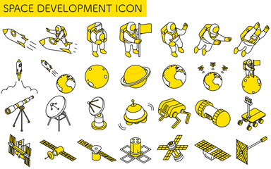 宇宙飛行士や人工衛星などの宇宙開発のシンプルな線画、アイソメイラストセット © TKM