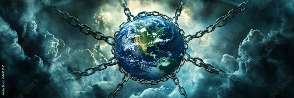 Poster the earth bound in chains amidst storm clouds, symbolizing the grip of a global pandemic. viral outb
