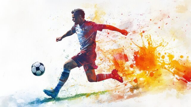 Watercolor painting of a soccer player kicking the ball.