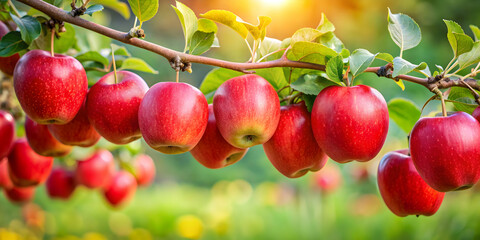 Red apples hanging from a tree branch, apples, tree, fruit, fresh, agriculture, harvest, ripe, organic, green leaves
