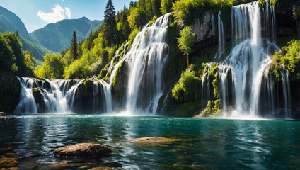 Fototapeta premium In the sunny mountains, a waterfall cascades into a serene lake, surrounded by birds and wildlife