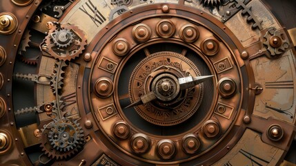 Obraz premium Steampunk Wheel of Fortune with brass gears, steam-powered mechanisms, and Victorian design elements, vintage brown tones