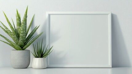 A white frame with a blank canvas sits on a white table with two plants in pots.