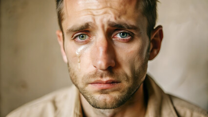 Obraz premium Emotional man with tears in his eyes, expressing sadness and vulnerability, dramatic portrait, intimate setting 