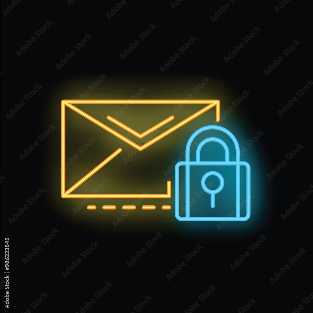 Poster neon glowing icon of a closed padlock securing an email envelope, representing cybersecurity and dat