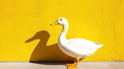 Fototapeta premium A white goose stands in front of a bright yellow wall.