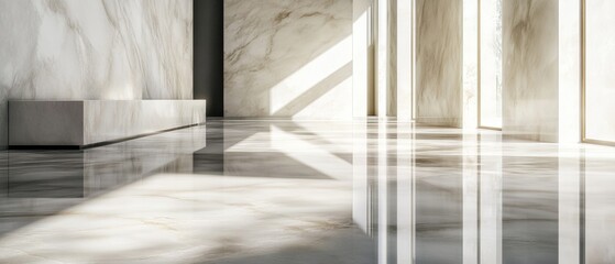 A large room with a white marble floor and a bench