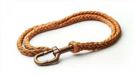 Braided natural fiber rope with metal hook, on white background, close-up, clean design concept