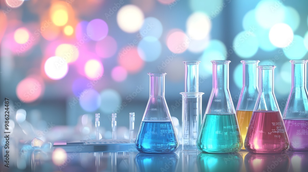 Poster laboratory flasks with colorful liquids on a reflective surface