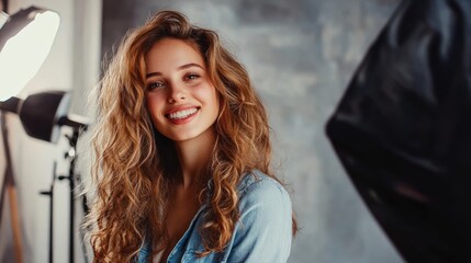 Beautiful young woman with long curly hair smiling at camera during a photoshoot.
