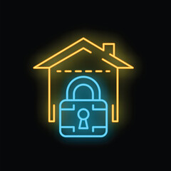 Glowing neon icon of a home security system with a padlock, representing safety and protection