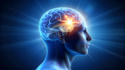Obraz premium rendering of human head with glowing brain on dark blue background, neuroscience, artificial intelligence