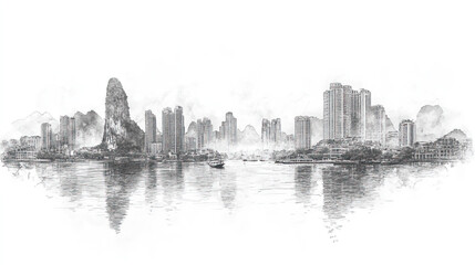 Fototapeta premium Ha Long, Vietnam, black and white pen pencil hand-drawn effect drawing illustration for travel poster, card, wallpaper, backdrop or banner. Modern, clear, artistic and simple