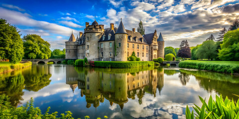 Obraz premium Majestic castle surrounded by lush greenery and a tranquil moat, castle, medieval, fortress, architecture, historical