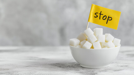 Sugar Cubes in a White Bowl on a White Table with a Small Flag Featuring Handwritten 'Stop' Text: Visual Representation of No Sugar Diet Concept, Perfect for Health, Wellness, and Nutrition Themes.