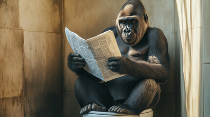 Gorilla reading newspaper while sitting on toilet, humorous animal behavior, bathroom concept