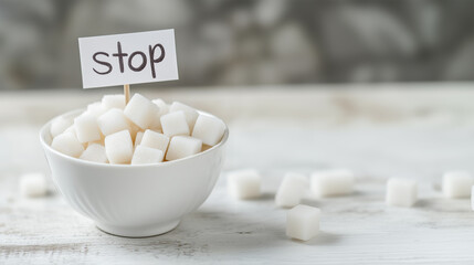 Sugar Cubes in a White Bowl on a White Table with a Small Flag Featuring Handwritten 'Stop' Text: Visual Representation of No Sugar Diet Concept, Perfect for Health, Wellness, and Nutrition Themes.