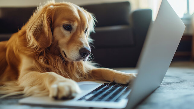 Golden Retriever using laptop, cute dog working on computer, pet browsing internet, funny animal behavior, technology use by pets concept