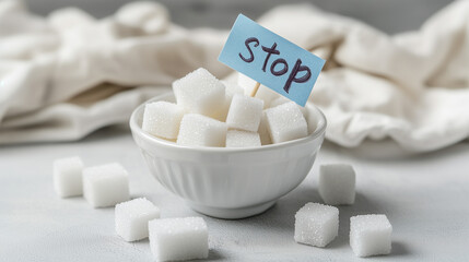 Sugar Cubes in a White Bowl on a White Table with a Small Flag Featuring Handwritten 'Stop' Text: Visual Representation of No Sugar Diet Concept, Perfect for Health, Wellness, and Nutrition Themes.