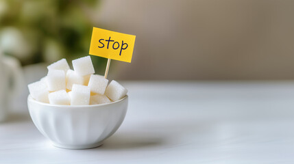 Sugar Cubes in a White Bowl on a White Table with a Small Flag Featuring Handwritten 'Stop' Text: Visual Representation of No Sugar Diet Concept, Perfect for Health, Wellness, and Nutrition Themes.
