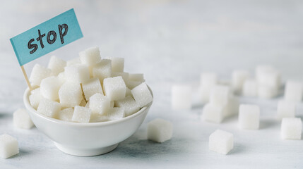Sugar Cubes in a White Bowl on a White Table with a Small Flag Featuring Handwritten 'Stop' Text: Visual Representation of No Sugar Diet Concept, Perfect for Health, Wellness, and Nutrition Themes.