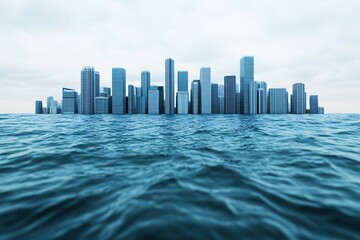  Sea level rising over coastal cities, visualizing the environmental impact of global warming on urban areas.