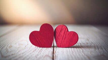 Fototapeta premium A photo of two vibrant red wooden hearts placed side by side on a white wooden surface. The background is blurred and has a gradient of light to dark shades. The overall image has a soft and romantic 