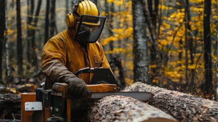 Lumberjack in a yellow jacket and protective gear cuts a log in a forest with a chainsaw.