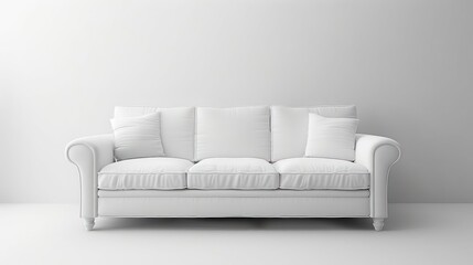 Fototapeta premium A white sofa with three pillows in a minimalist white room.