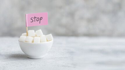 Sugar Cubes in a White Bowl on a White Table with a Small Flag Featuring Handwritten 'Stop' Text: Visual Representation of No Sugar Diet Concept, Perfect for Health, Wellness, and Nutrition Themes.